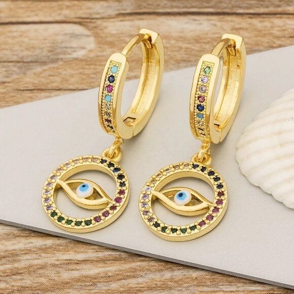 New Gold Evil Eye Hoop Dangle Earrings With Accent Stones, 18K gold plated - Picture 2 of 6